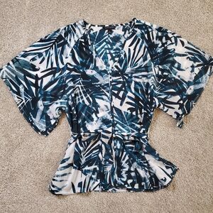 Banana Republic Teal White Palm Leaf Print Kimono Blouse S
